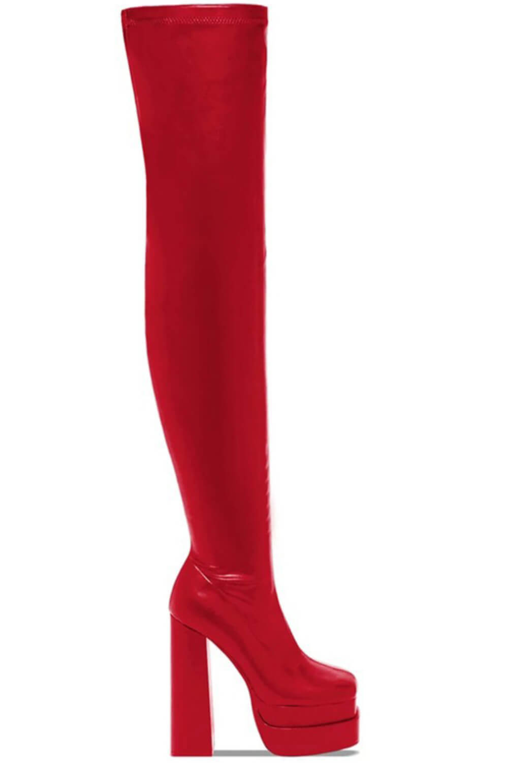 Faux Leather Double Platform Block Heel Thigh High Boots - Black/Red/Nude/Brown