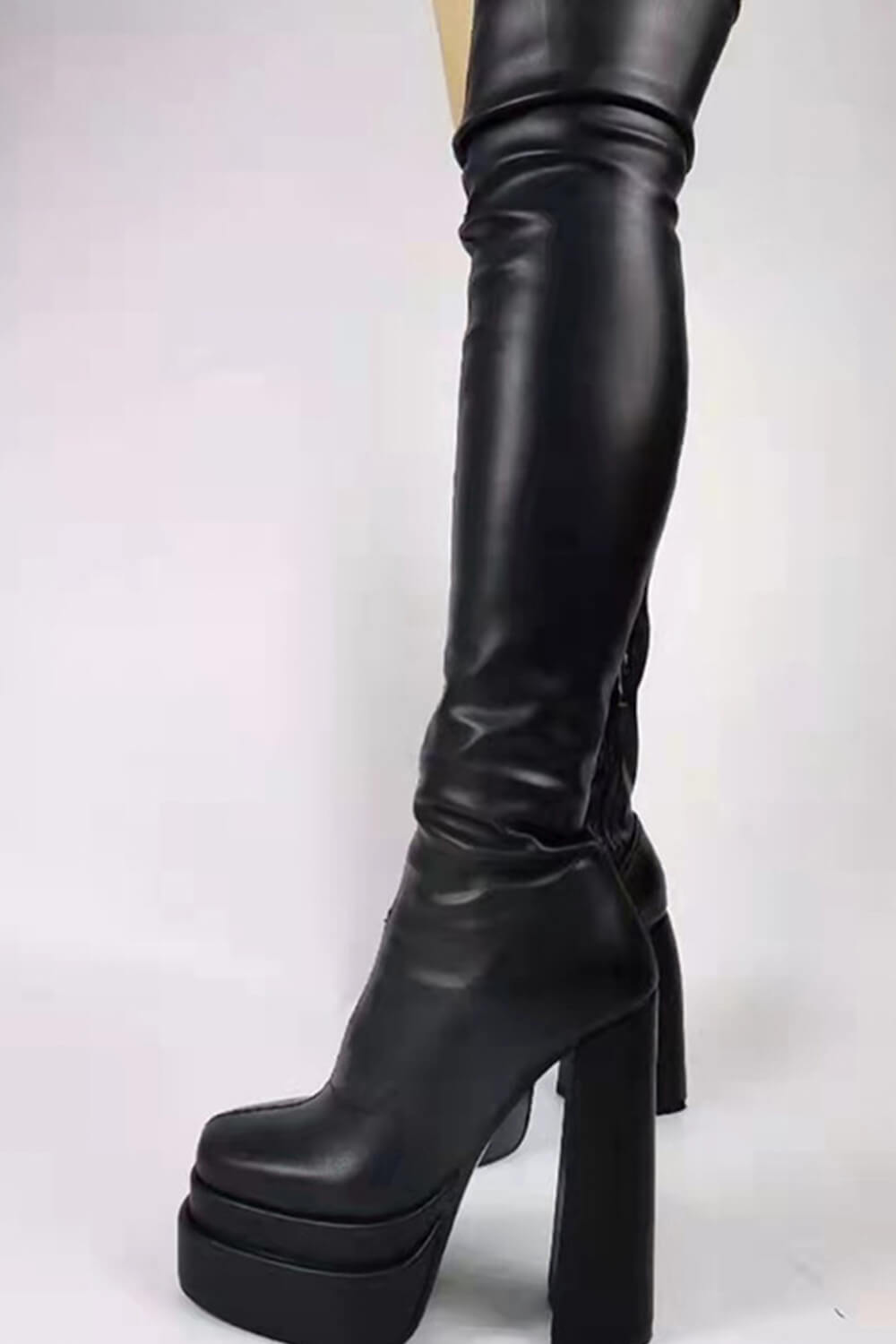 Faux Leather Double Platform Block Heel Thigh High Boots - Black/Red/Nude/Brown