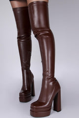 Faux Leather Double Platform Block Heel Thigh High Boots - Black/Red/Nude/Brown