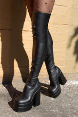 Faux Leather Double Platform Block Heel Thigh High Boots - Black