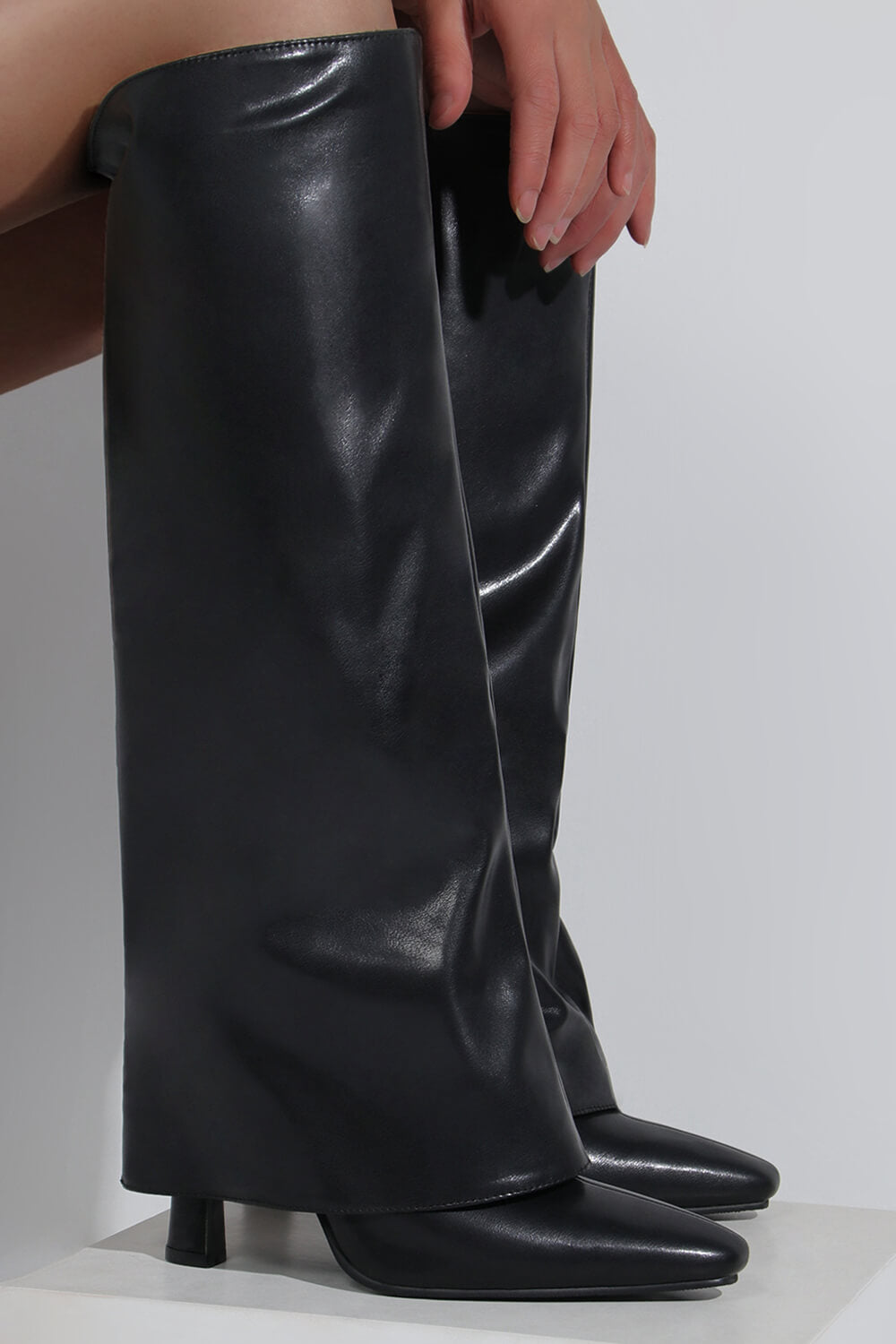 Faux Leather Wide Fit Folded Over Heeled Knee High Long Boots - Black/White