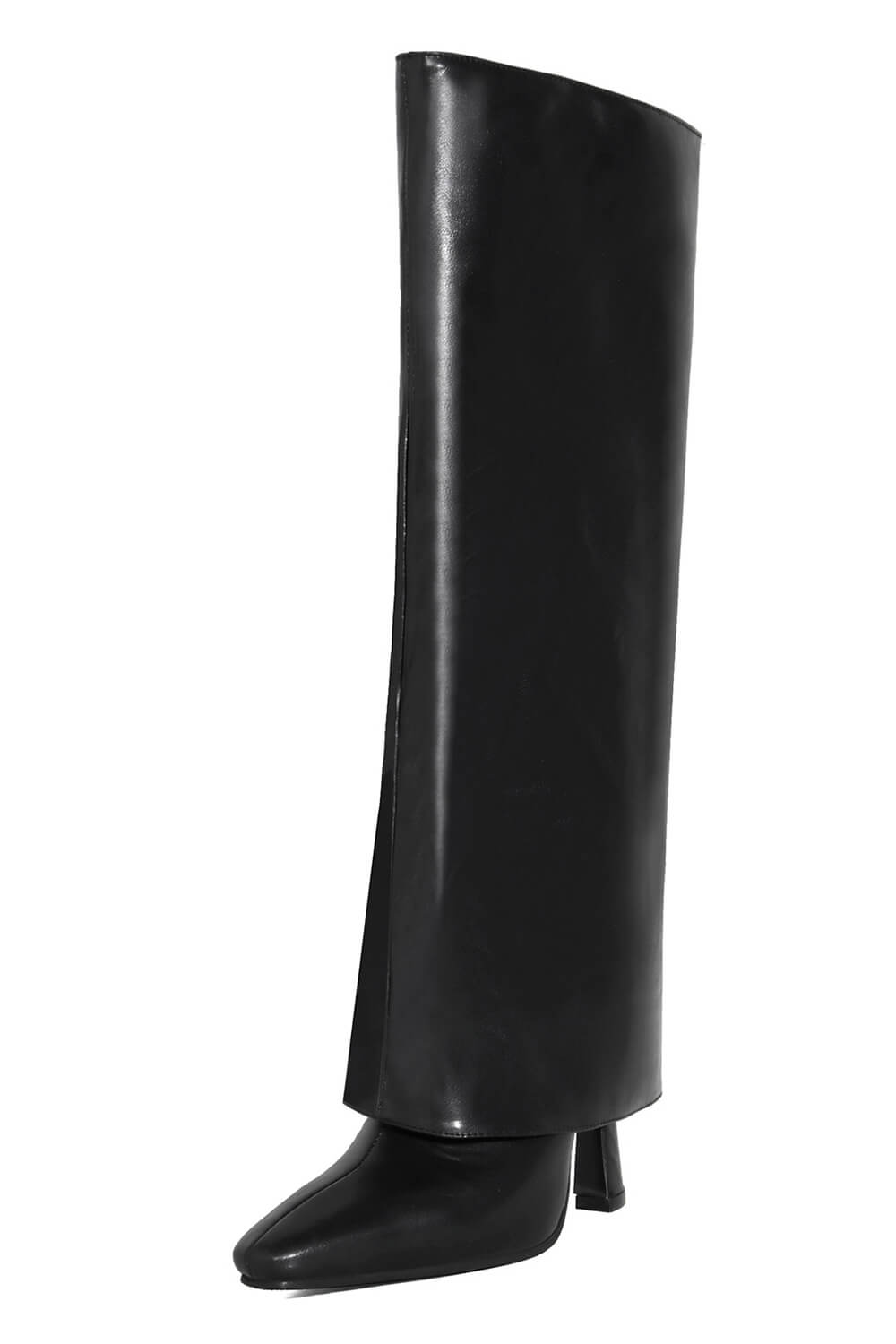 Faux Leather Wide Fit Folded Over Heeled Knee High Long Boots - Black/White