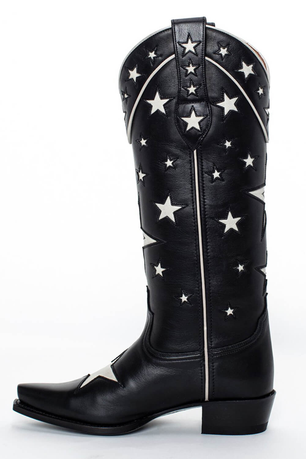 Stars Pointed Toe Long Western Cowboy Knee Block Boots - Black