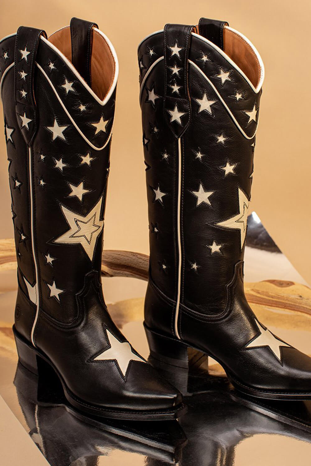 Stars Pointed Toe Long Western Cowboy Knee Block Boots - Black