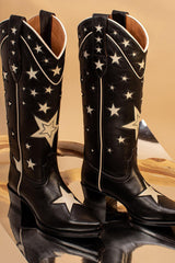 Stars Pointed Toe Long Western Cowboy Knee Block Boots - Black
