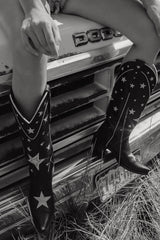 Stars Pointed Toe Long Western Cowboy Knee Block Boots - Black