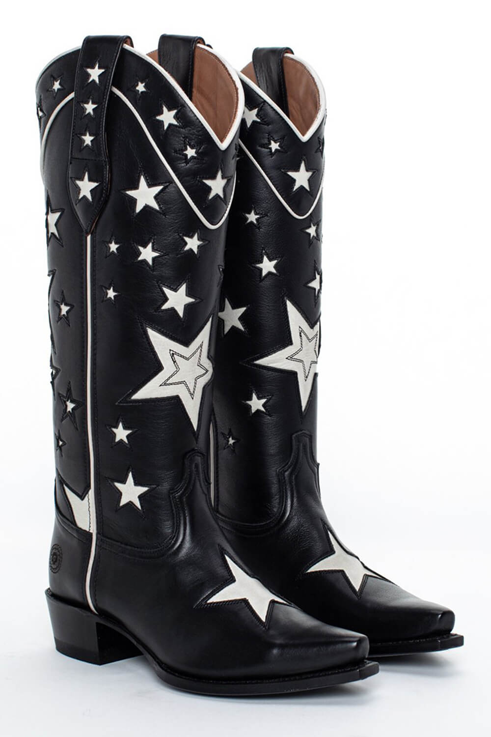 Stars Pointed Toe Long Western Cowboy Knee Block Boots - Black