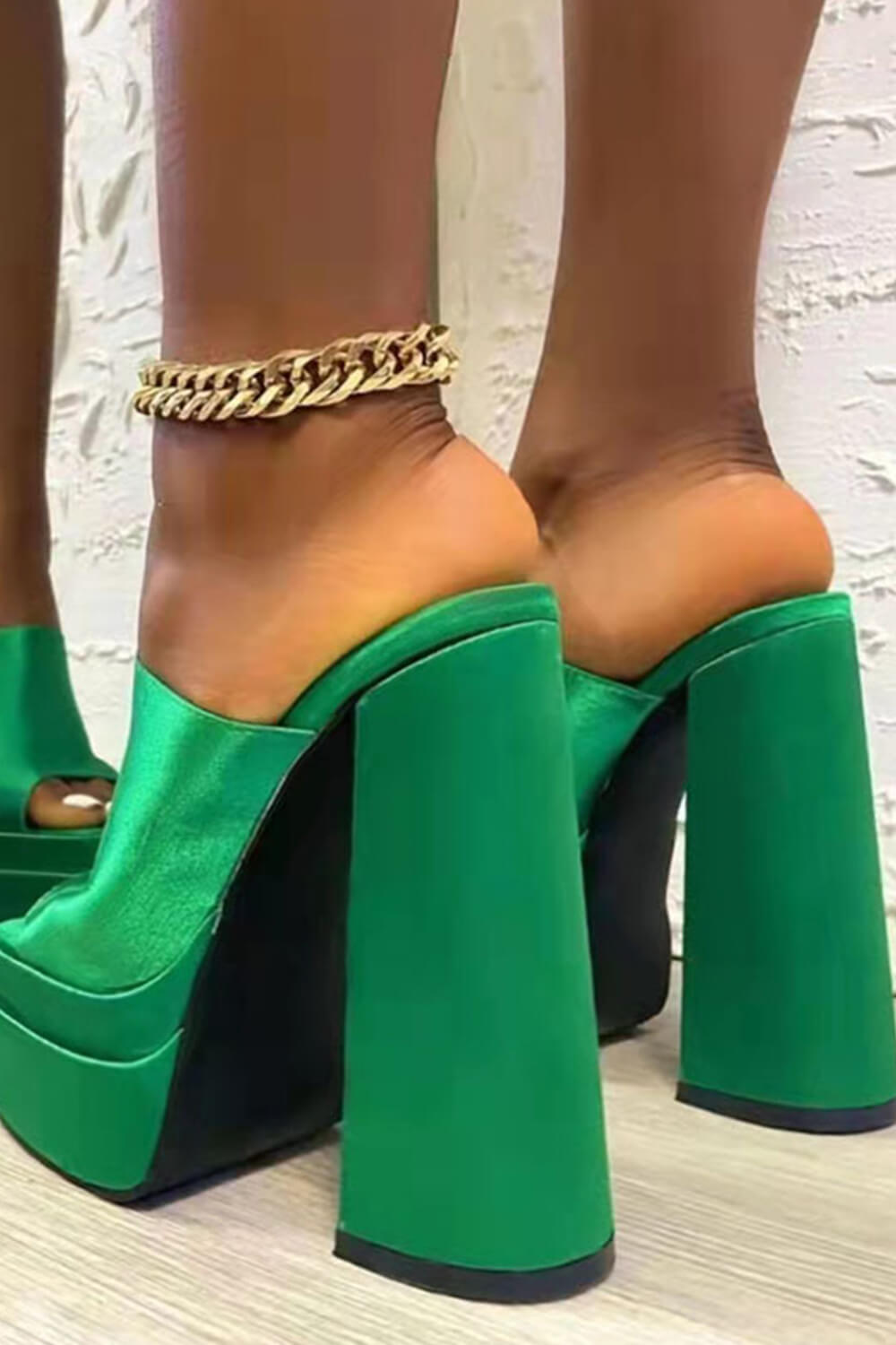 Satin Double Chunky Platform High Heeled Mules - Green/Black/Hot Pink