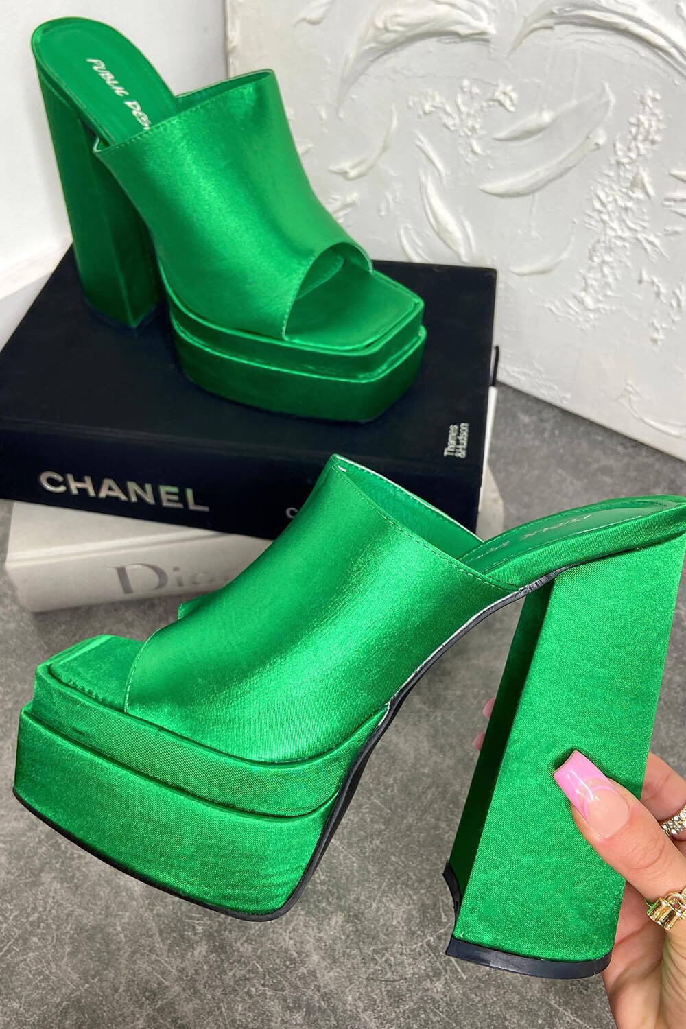 Satin Double Chunky Platform High Heeled Mules - Green/Black/Hot Pink