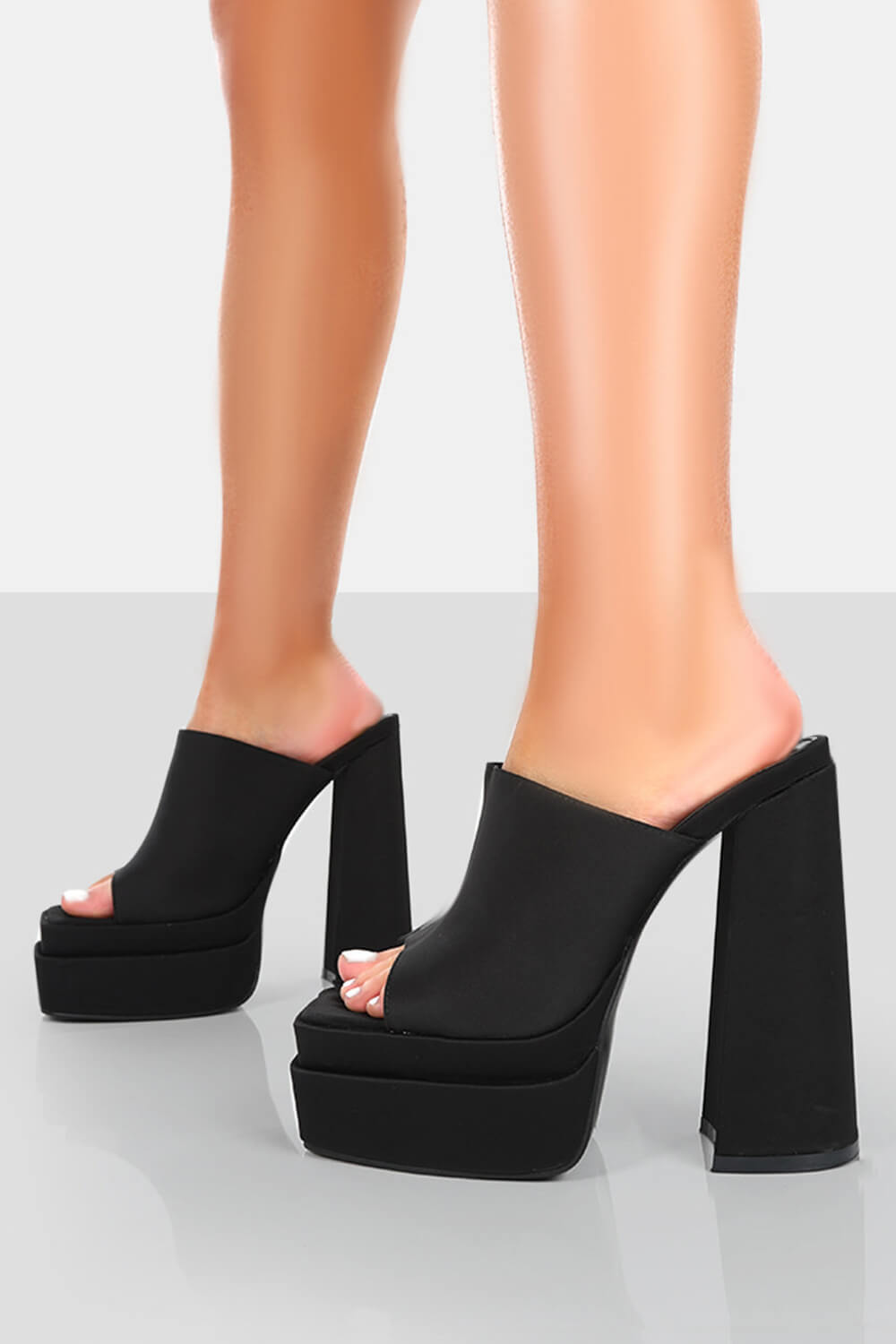 Satin Double Chunky Platform High Heeled Mules - Green/Black/Hot Pink