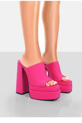 Satin Double Chunky Platform High Heeled Mules - Green/Black/Hot Pink
