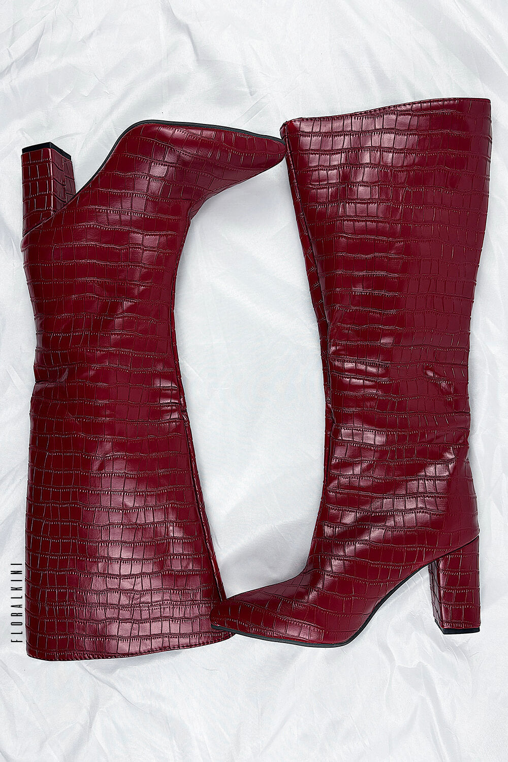 Croc-Effect Faux Leather Pointed Toe Block Heel Knee-High Boots - Burgundy