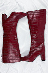 Croc-Effect Faux Leather Pointed Toe Block Heel Knee-High Boots - Burgundy