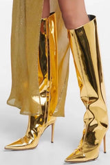 Metallic Finish Knee-High Pointed Toe Stiletto Boots - Gold