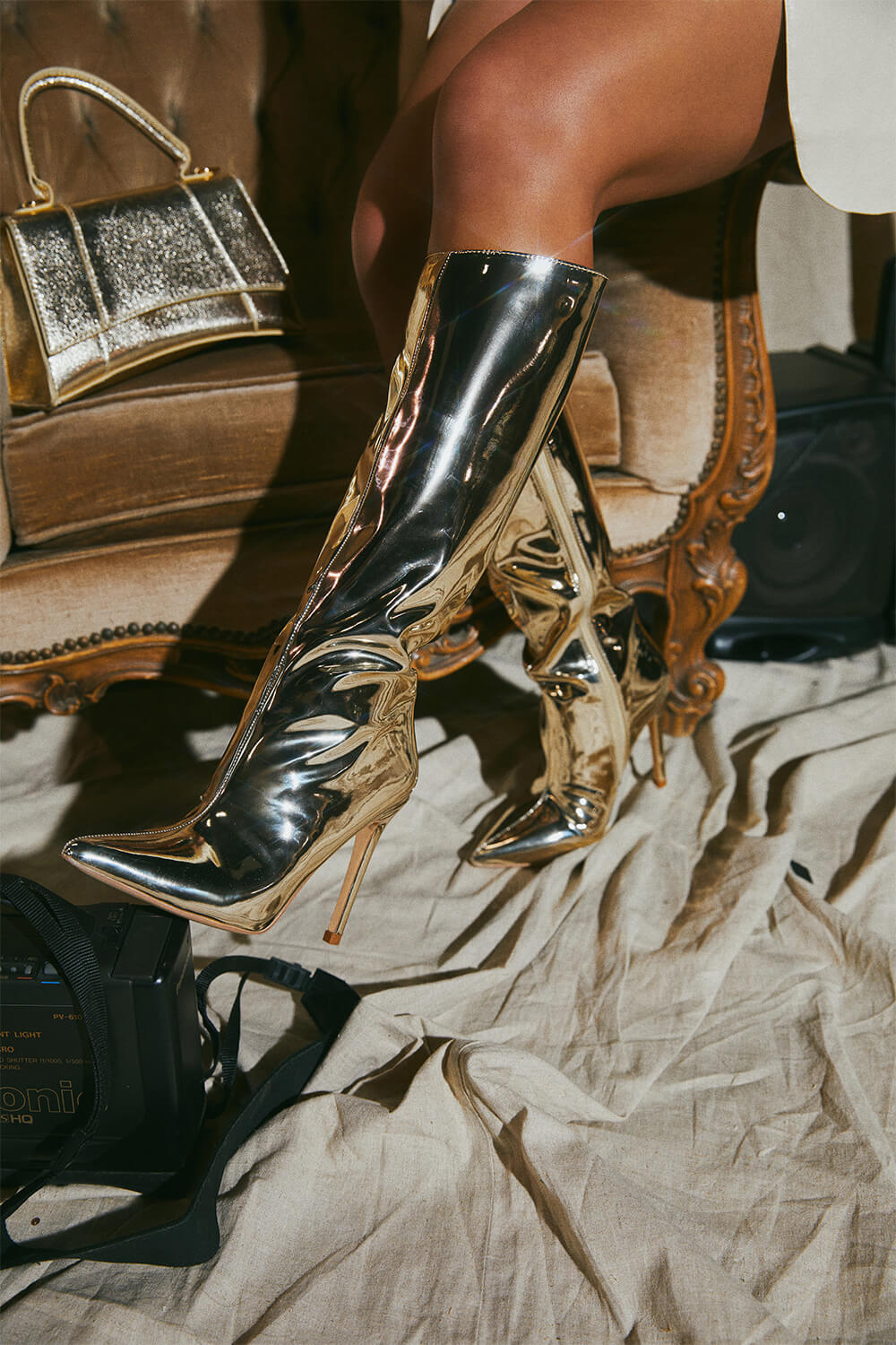 Metallic Finish Knee-High Pointed Toe Stiletto Boots - Champagne
