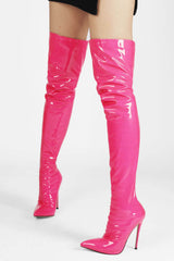 Patent Over The Knee Thigh High Stiletto Boots - Purple/Hot Pink/Lime