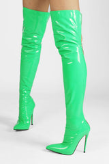 Patent Over The Knee Thigh High Stiletto Boots - Purple/Hot Pink/Lime