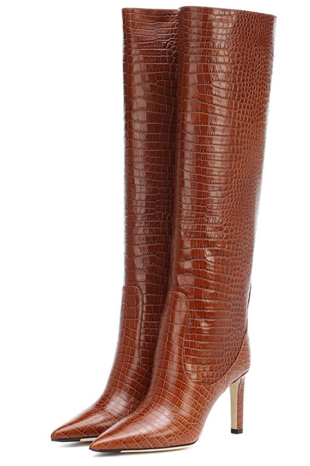 Croc Print Wide Fit Pointed Toe Stiletto Heel Knee High Boots-White/Orange/Red/Green/Black/Cyan/Brown/Lime