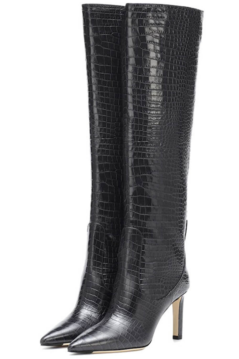 Croc Print Wide Fit Pointed Toe Stiletto Heel Knee High Boots-White/Orange/Red/Green/Black/Cyan/Brown/Lime