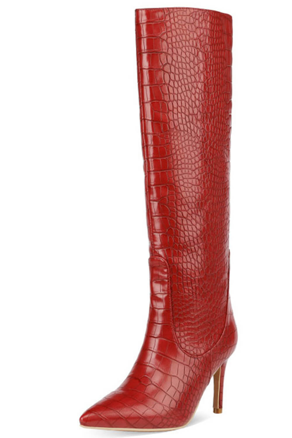 Croc Print Wide Fit Pointed Toe Stiletto Heel Knee High Boots-White/Orange/Red/Green/Black/Cyan/Brown/Lime