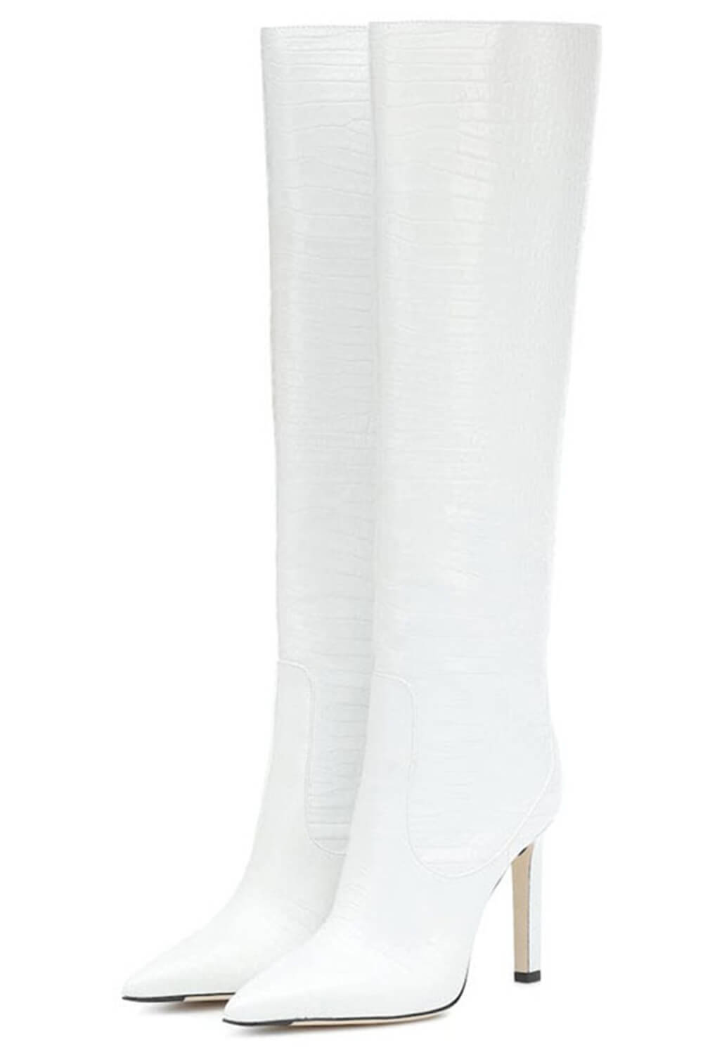 Croc Print Wide Fit Pointed Toe Stiletto Heel Knee High Boots-White/Orange/Red/Green/Black/Cyan/Brown/Lime