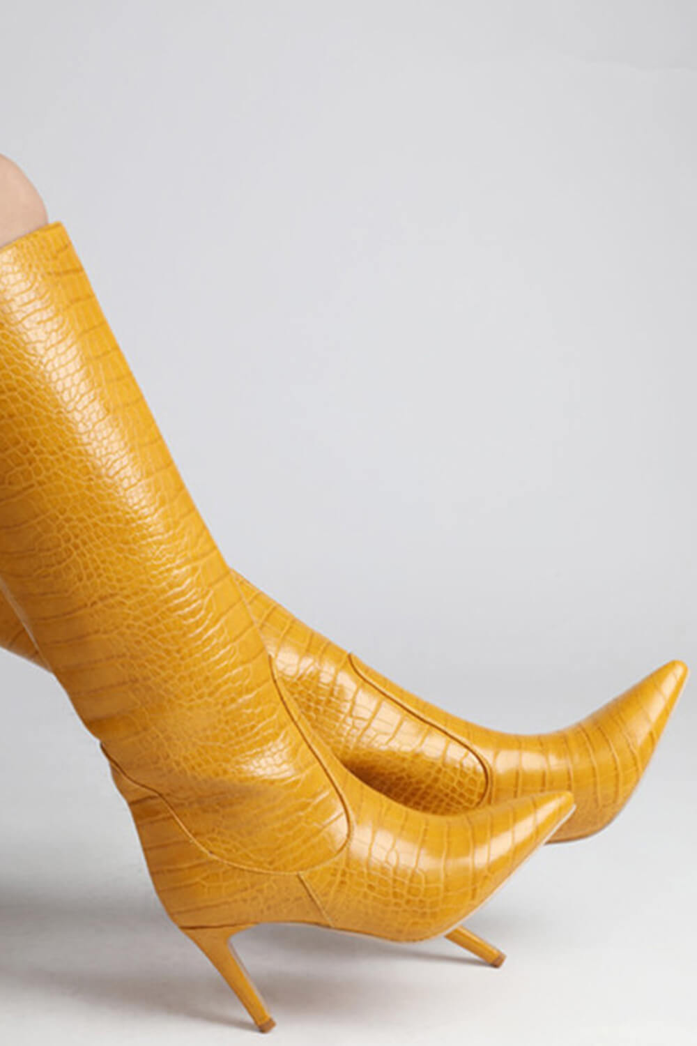 Croc Print Wide Fit Pointed Toe Stiletto Heel Knee High Boots-White/Orange/Red/Green/Black/Cyan/Brown/Lime