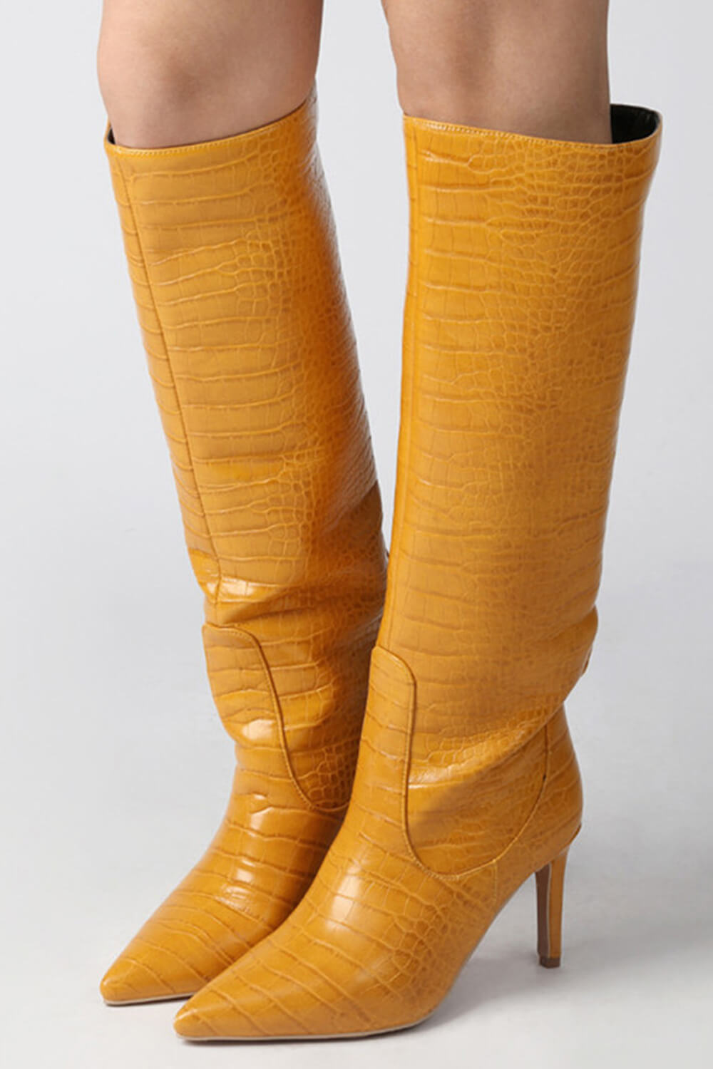 Croc Print Wide Fit Pointed Toe Stiletto Heel Knee High Boots-White/Orange/Red/Green/Black/Cyan/Brown/Lime