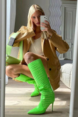 Croc Print Wide Fit Pointed Toe Stiletto Heel Knee High Boots-White/Orange/Red/Green/Black/Cyan/Brown/Lime