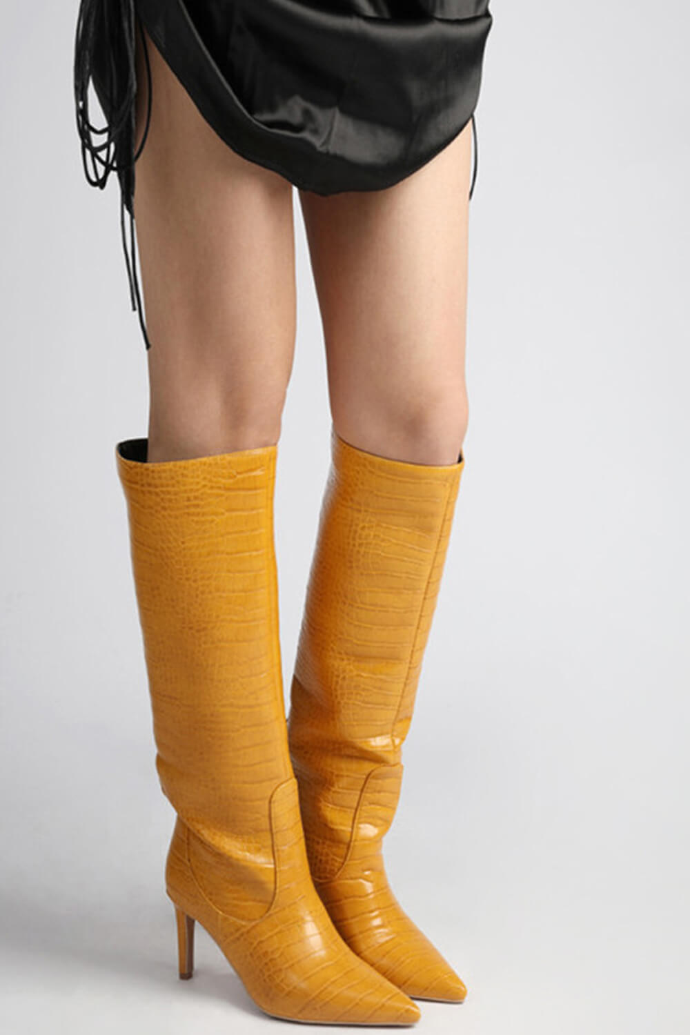 Croc Print Wide Fit Pointed Toe Stiletto Heel Knee High Boots-White/Orange/Red/Green/Black/Cyan/Brown/Lime