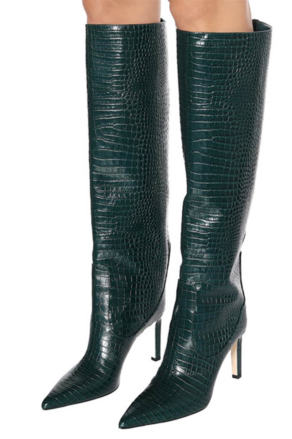 Croc Print Wide Fit Pointed Toe Stiletto Heel Knee High Boots-White/Orange/Red/Green/Black/Cyan/Brown/Lime