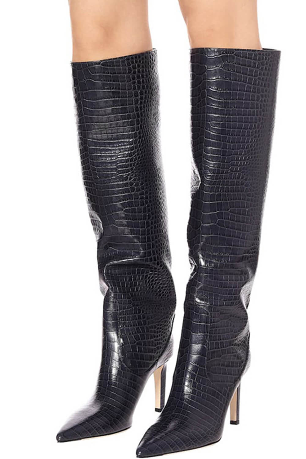 Croc Print Wide Fit Pointed Toe Stiletto Heel Knee High Boots-White/Orange/Red/Green/Black/Cyan/Brown/Lime