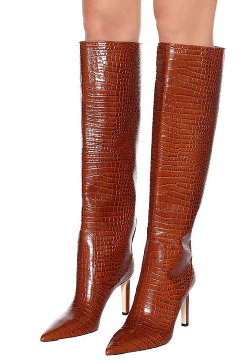 Croc Print Wide Fit Pointed Toe Stiletto Heel Knee High Boots-White/Orange/Red/Green/Black/Cyan/Brown/Lime