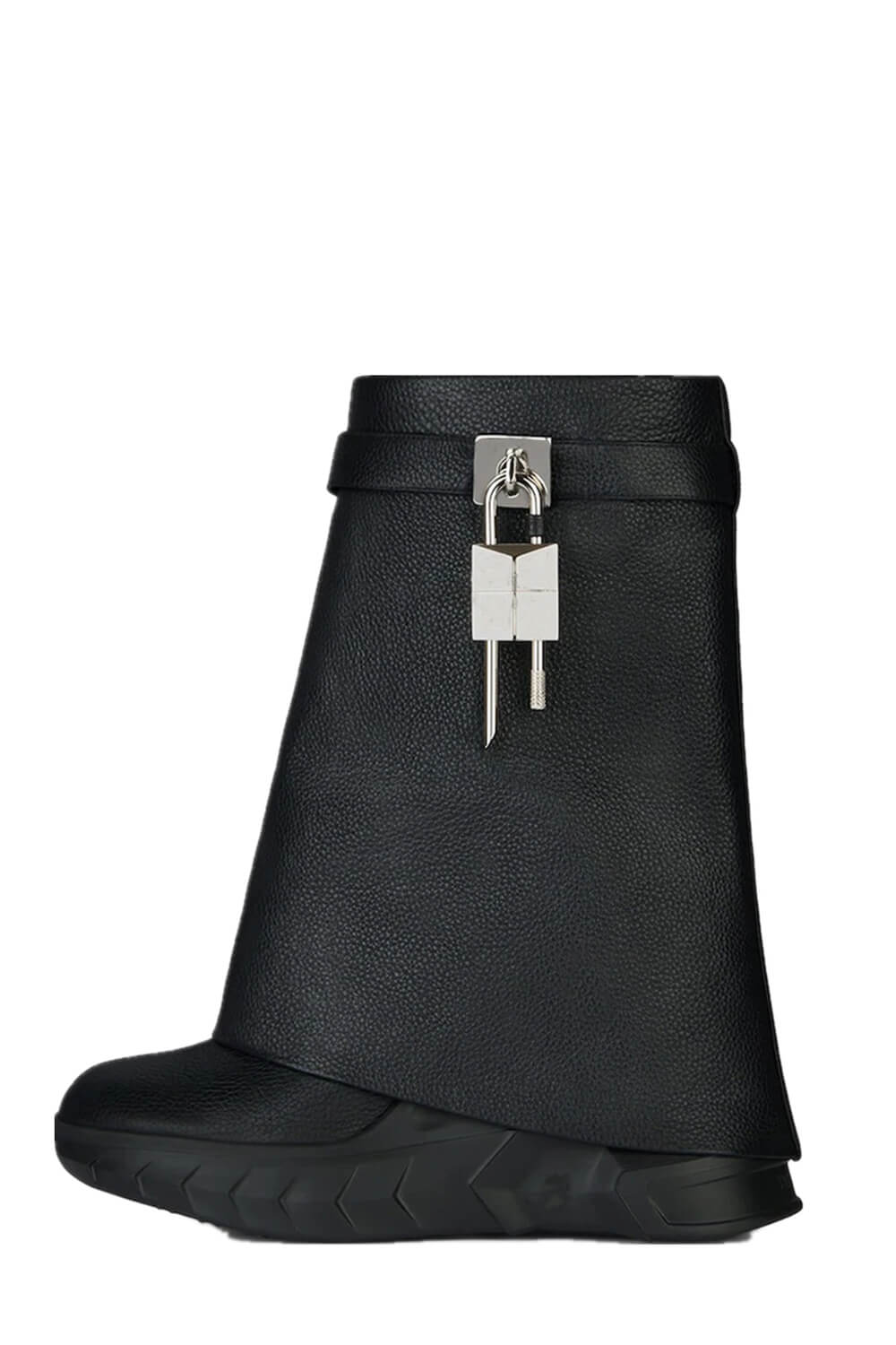 Grained Faux Leather Padlock Detail Folded Chunky Sole Biker Ankle Boots - Black