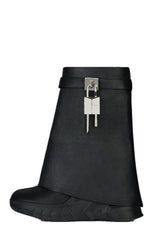 Grained Faux Leather Padlock Detail Folded Chunky Sole Biker Ankle Boots - Black