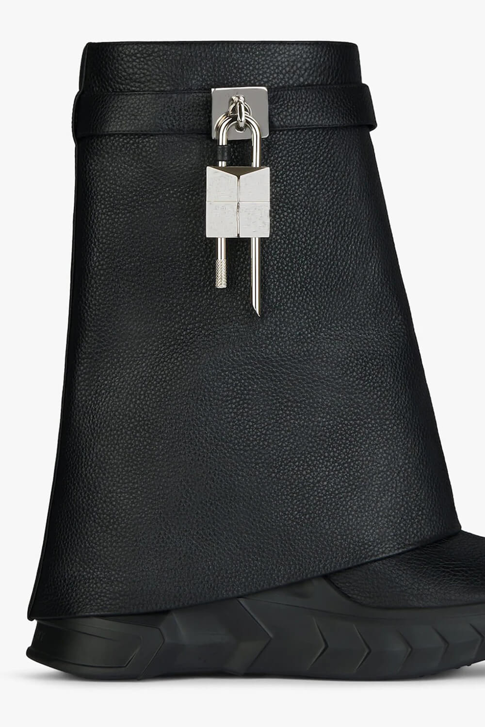 Grained Faux Leather Padlock Detail Folded Chunky Sole Biker Ankle Boots - Black
