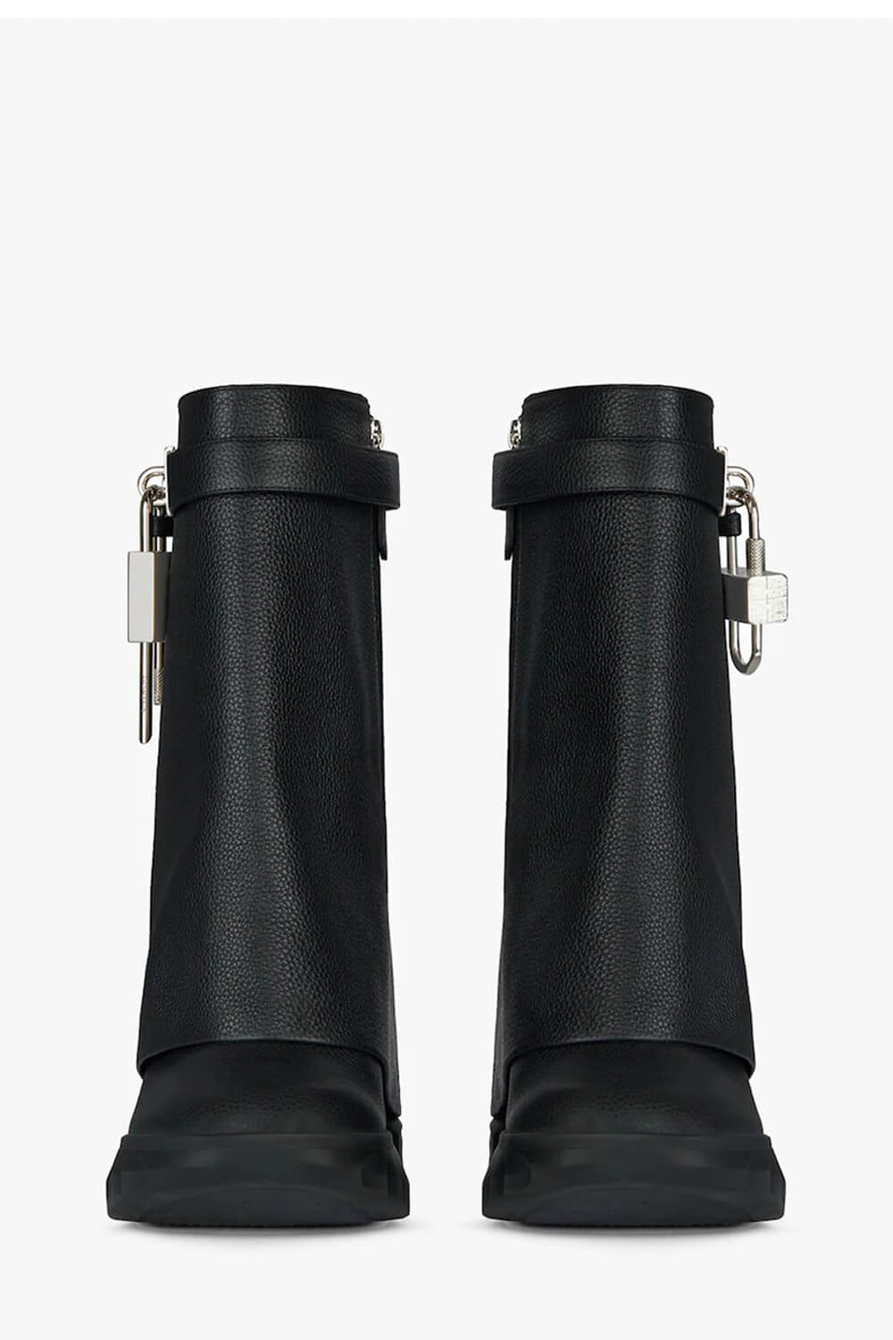 Grained Faux Leather Padlock Detail Folded Chunky Sole Biker Ankle Boots - Black
