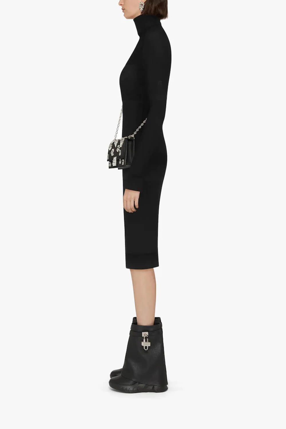 Grained Faux Leather Padlock Detail Folded Chunky Sole Biker Ankle Boots - Black