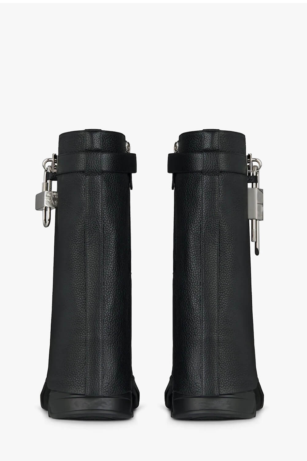 Grained Faux Leather Padlock Detail Folded Chunky Sole Biker Ankle Boots - Black