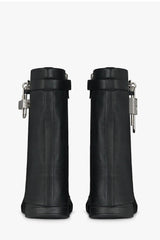 Grained Faux Leather Padlock Detail Folded Chunky Sole Biker Ankle Boots - Black