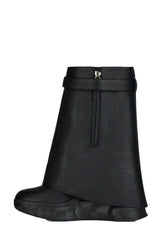Grained Faux Leather Padlock Detail Folded Chunky Sole Biker Ankle Boots - Black