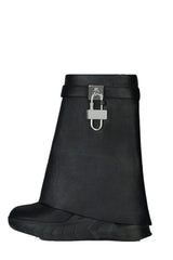 Grained Faux Leather Padlock Detail Folded Chunky Sole Biker Ankle Boots - Black