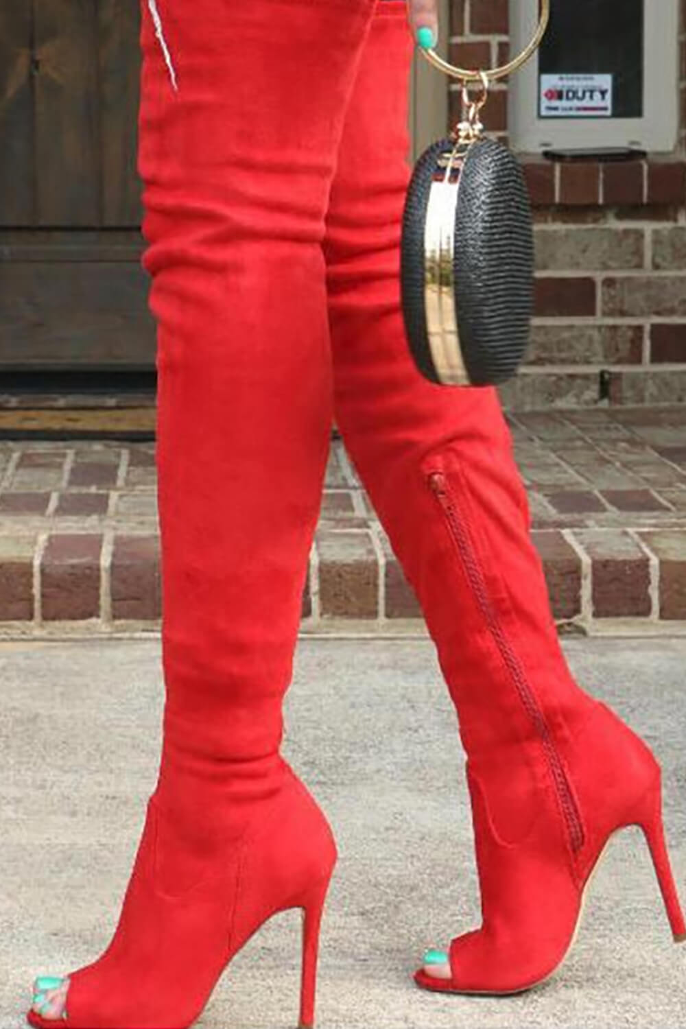 Faux Suede Peep Toe Heeled Over The Knee Boots - Red