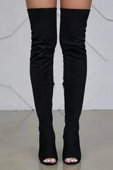 Faux Suede Peep Toe Heeled Over The Knee Boots - Black
