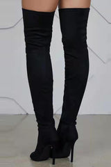 Faux Suede Peep Toe Heeled Over The Knee Boots - Black