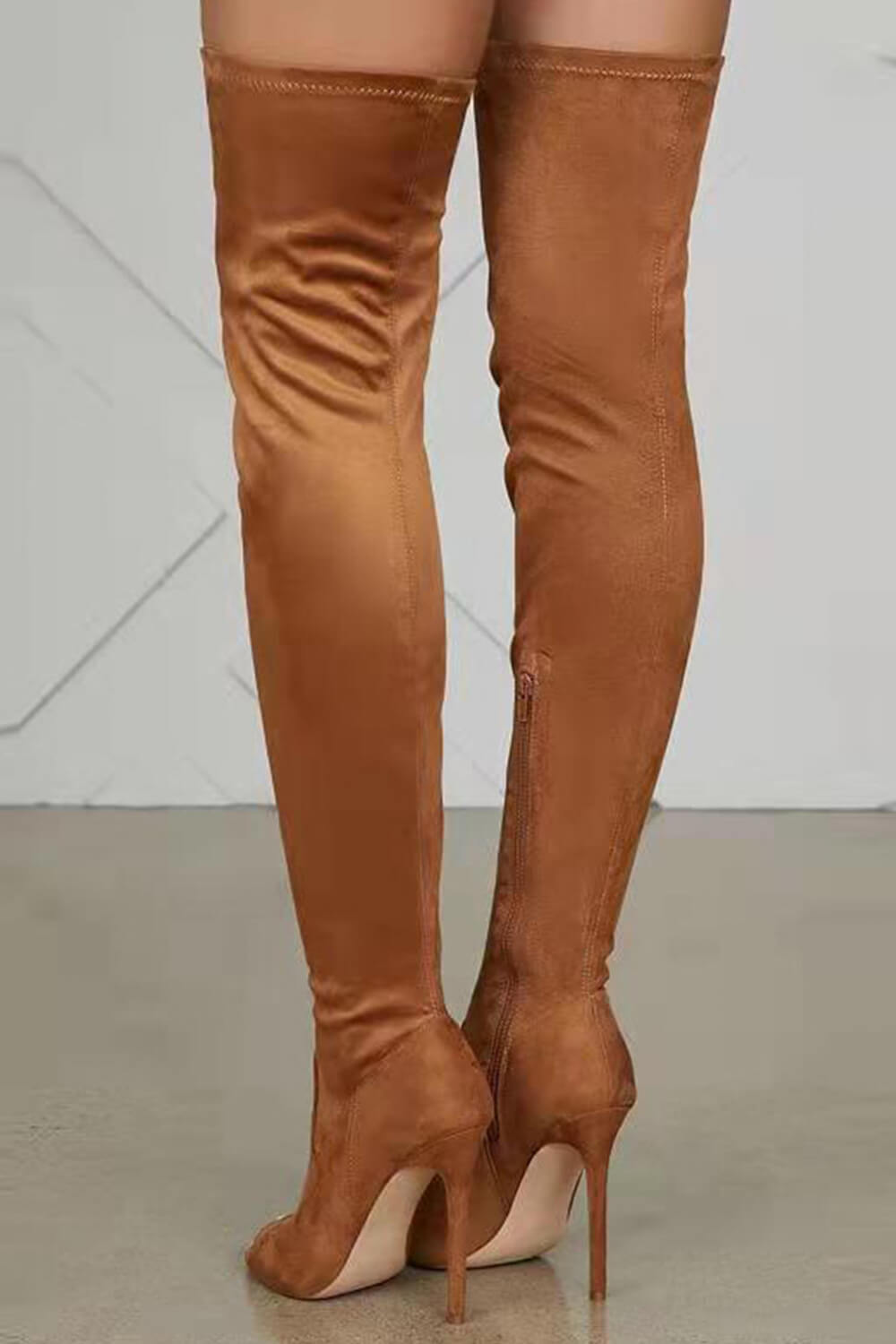 Faux Suede Peep Toe Heeled Over The Knee Boots - Brown