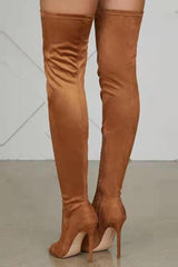 Faux Suede Peep Toe Heeled Over The Knee Boots - Brown