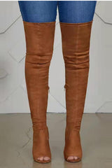 Faux Suede Peep Toe Heeled Over The Knee Boots - Brown