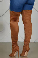 Faux Suede Peep Toe Heeled Over The Knee Boots - Brown