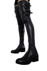 Faux Leather Pouch Detail Thigh High Flat Boots - Black