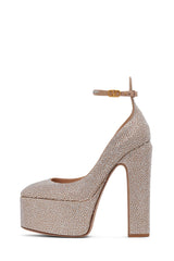 Silver Crystal-Embellished Ankle Strap Almond Toe Statement Platform Block Heeled Pumps